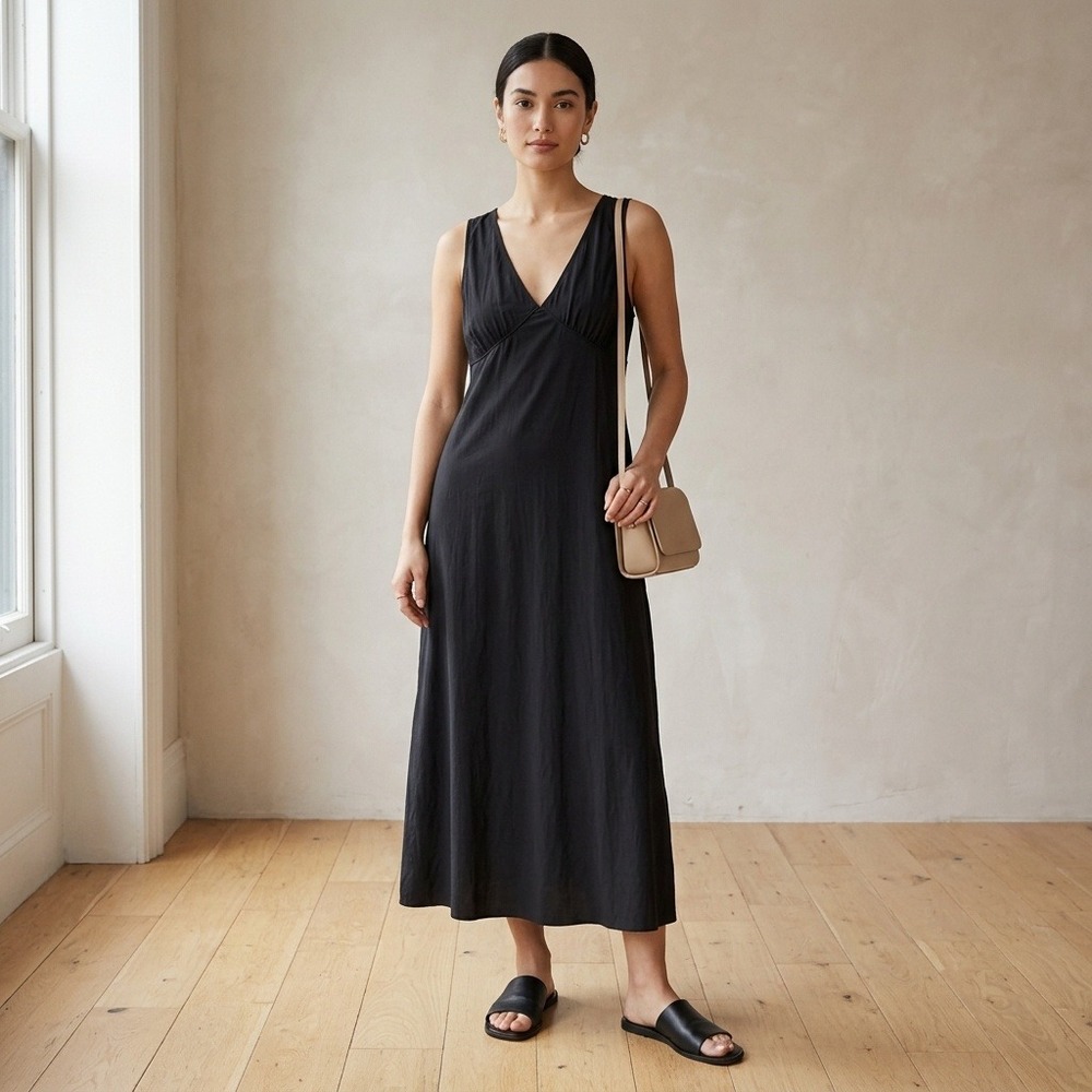 Stitchdrop Womens Empire Waist Maxi Dress Size XL Black Minimalist Clean Girl